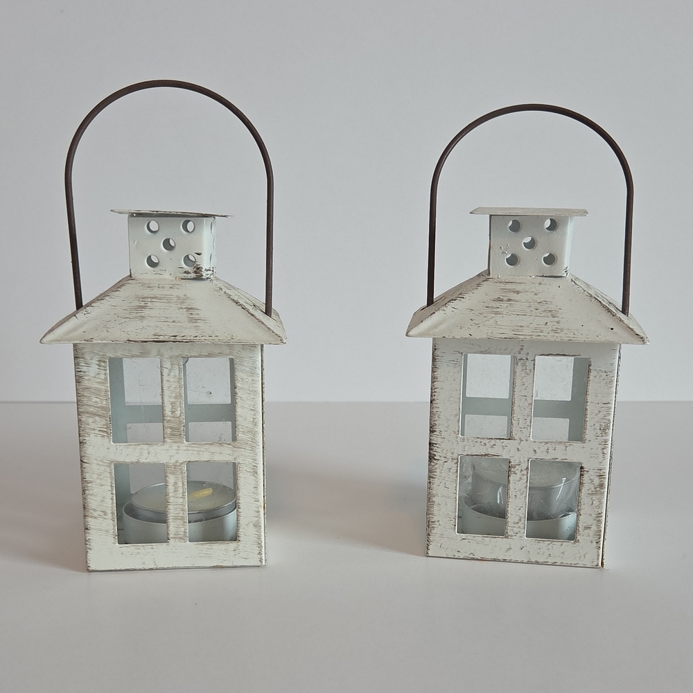 Set Of 2 Small Rustic White Metal House Lantern Tea Light Holders
